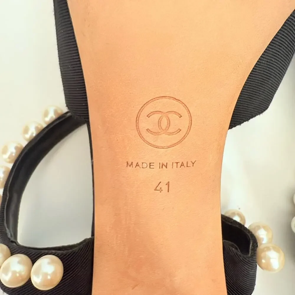 Chanel Black Grosgrain Pearl Slingback Heels Sandals CC Logo  EU 41